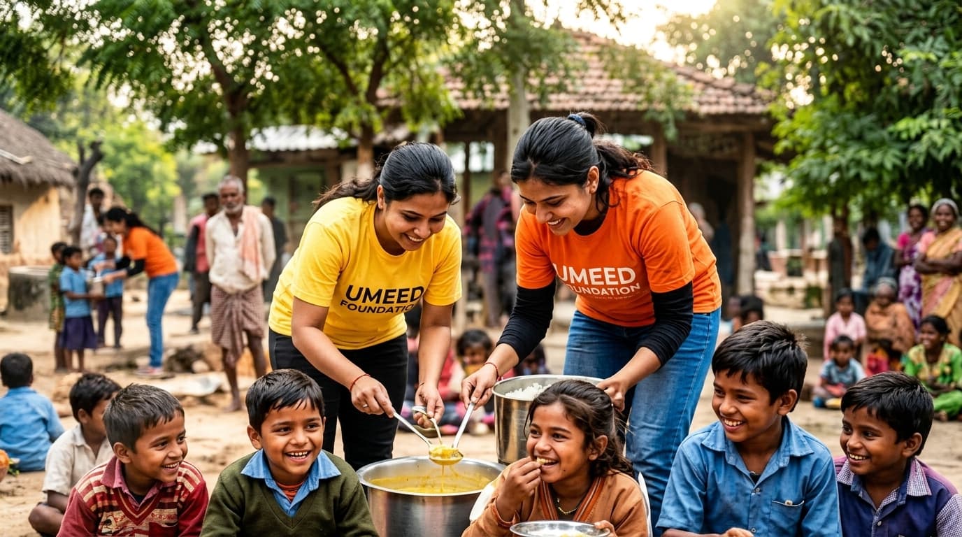 Umeed Foundation volunteers serving meals to rural Indian children