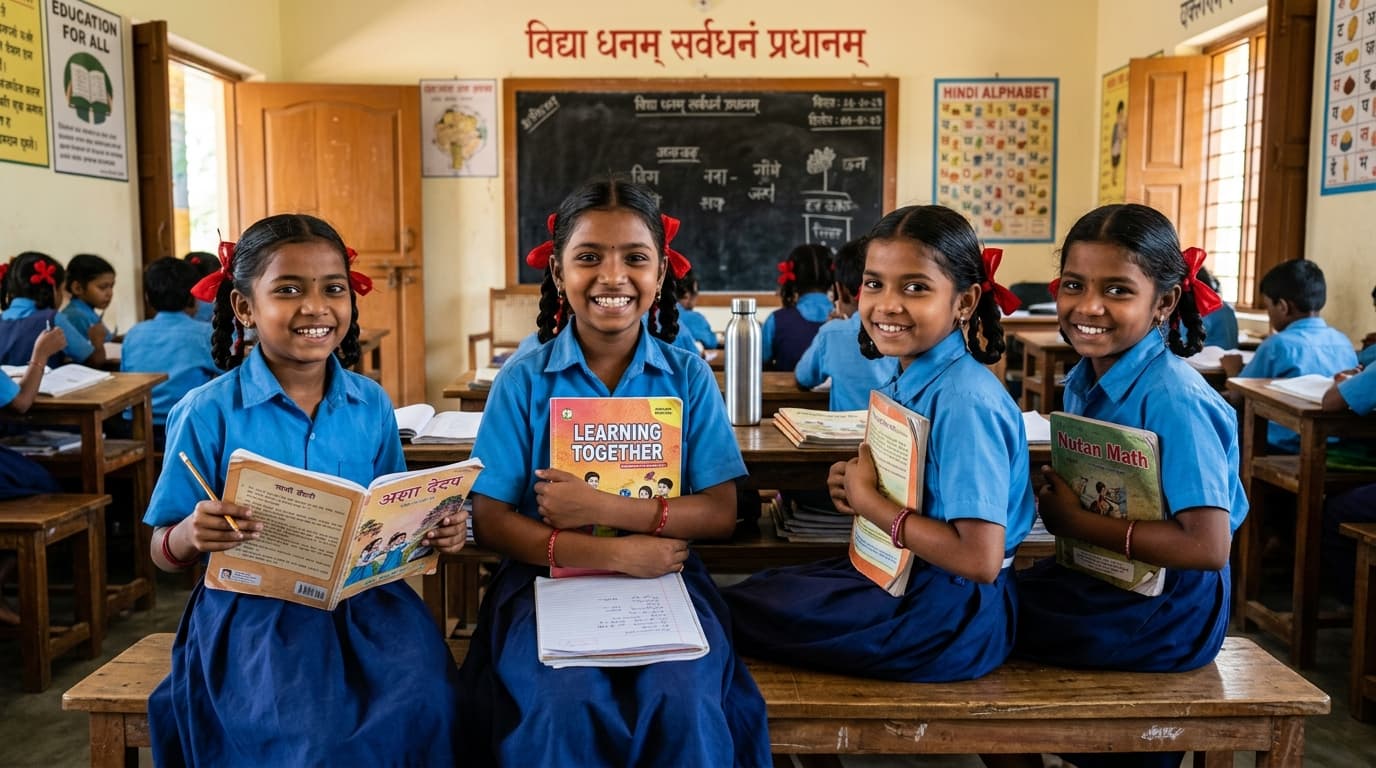 Smiling Indian school girls with books