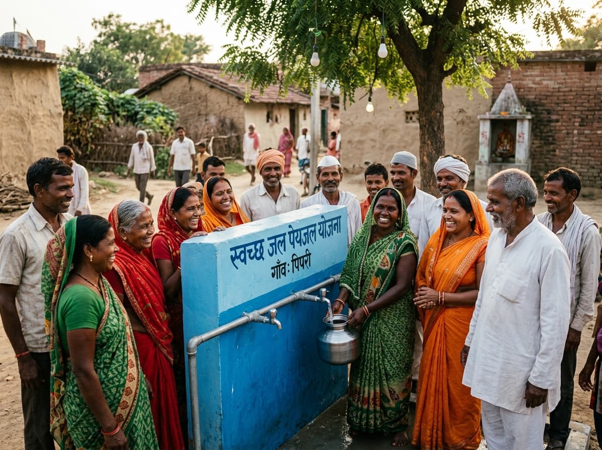 Villagers receiving relief kits