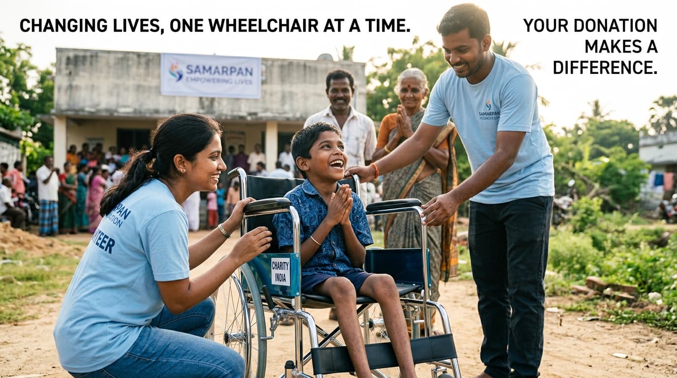 Indian volunteers distributing wheelchair